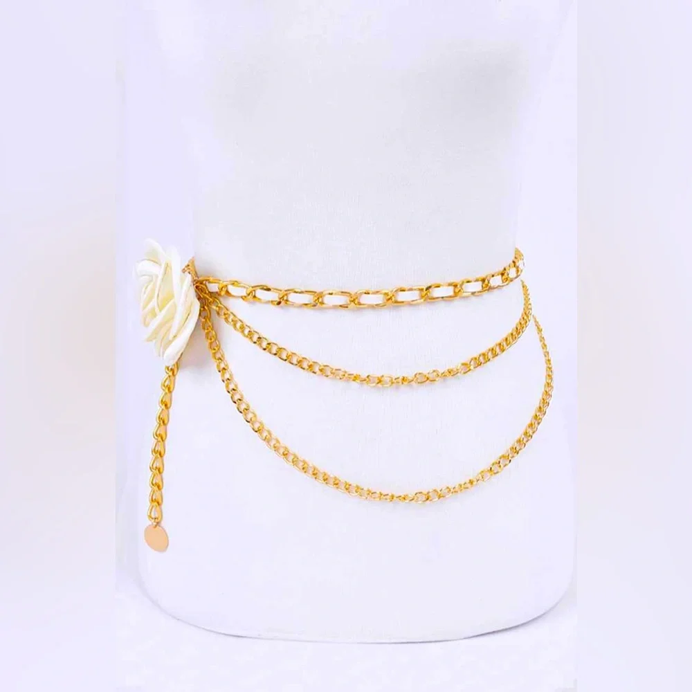 Satin 3-D Flower & Gold Iron Chain Statement Belt - Picture 1 of 7